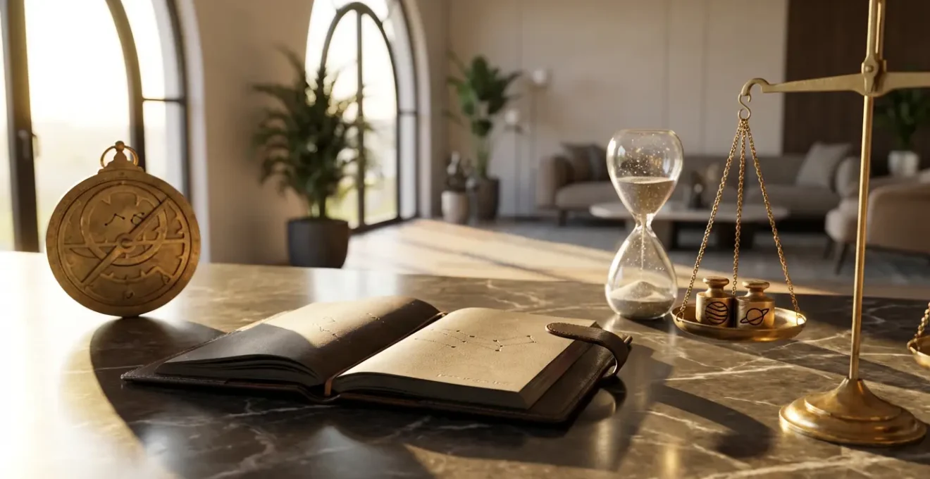 Equilibrio tra astrologia e produttività lavorativa con elementi cosmici