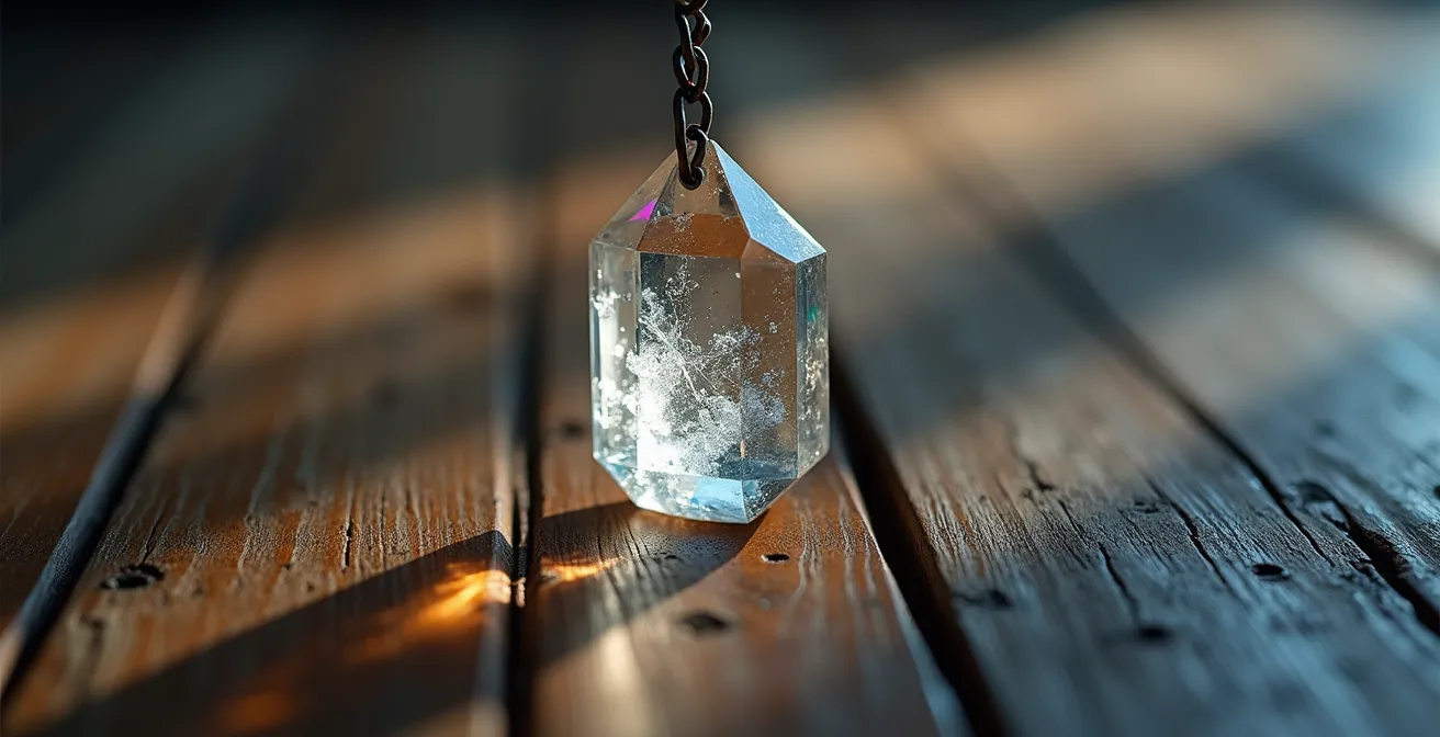 Pendolo di cristallo in movimento sopra una superficie di legno naturale
