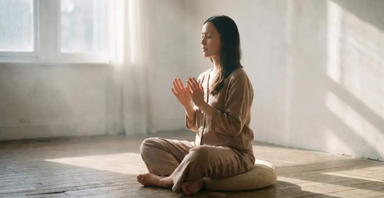 Persona in meditazione che percepisce le energie sottili in uno spazio naturale