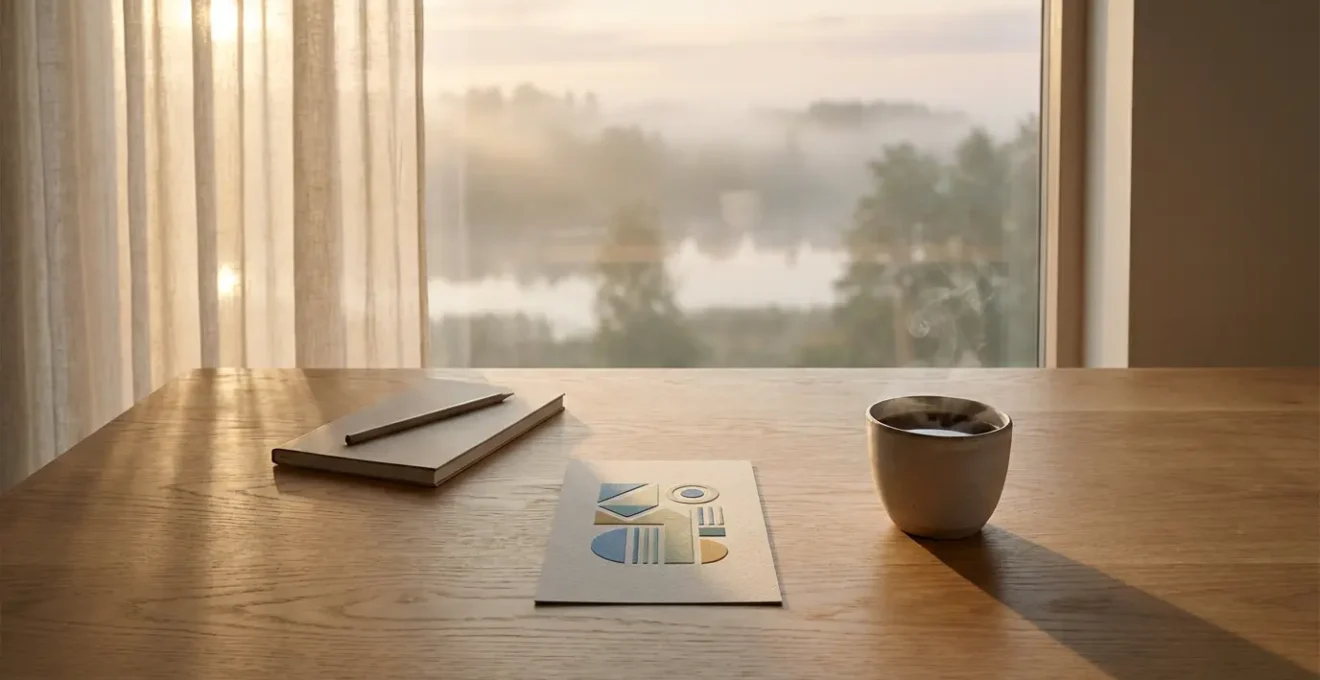 Tavolo minimalista con una singola carta tarocchi illuminata dalla luce dell'alba