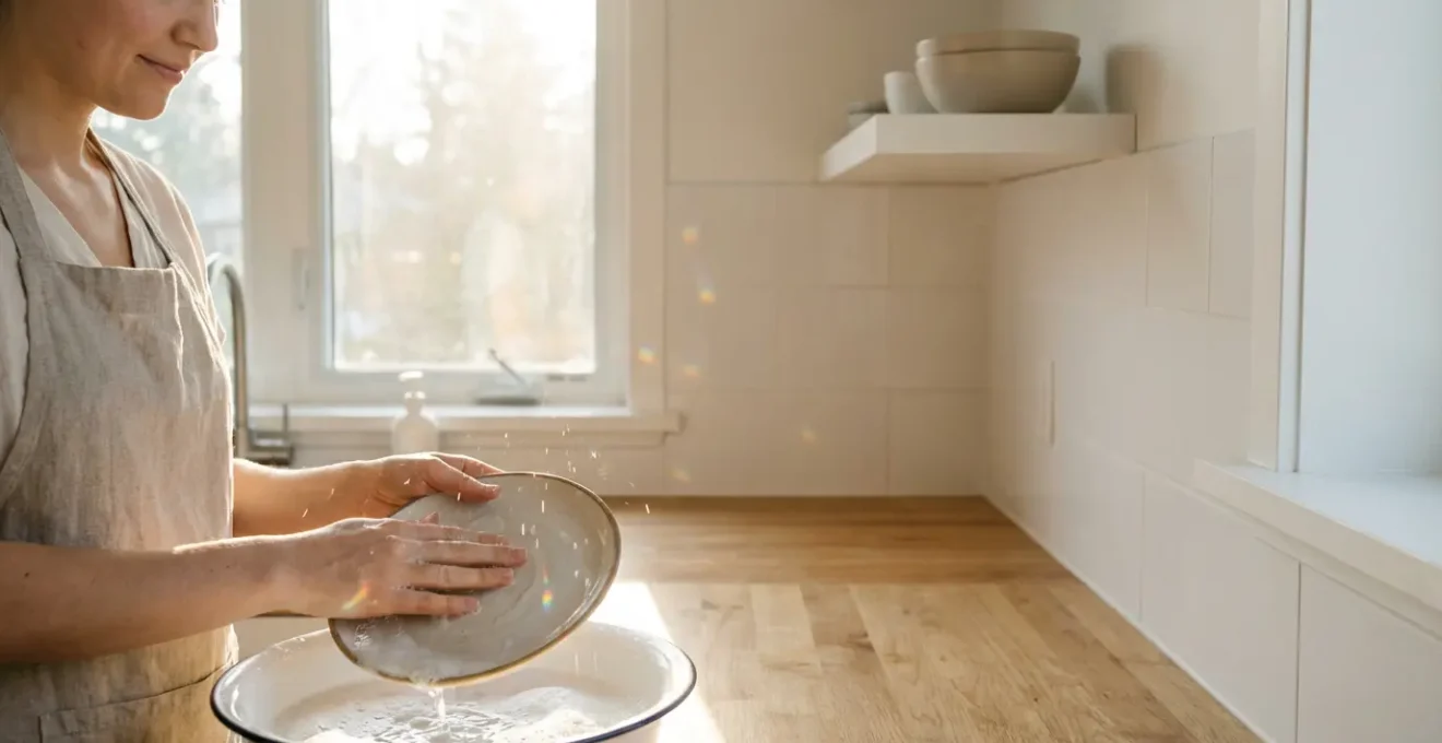 Persona che pratica consapevolezza mentre lava i piatti in cucina illuminata naturalmente