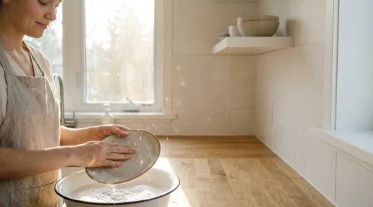 Persona che pratica consapevolezza mentre lava i piatti in cucina illuminata naturalmente