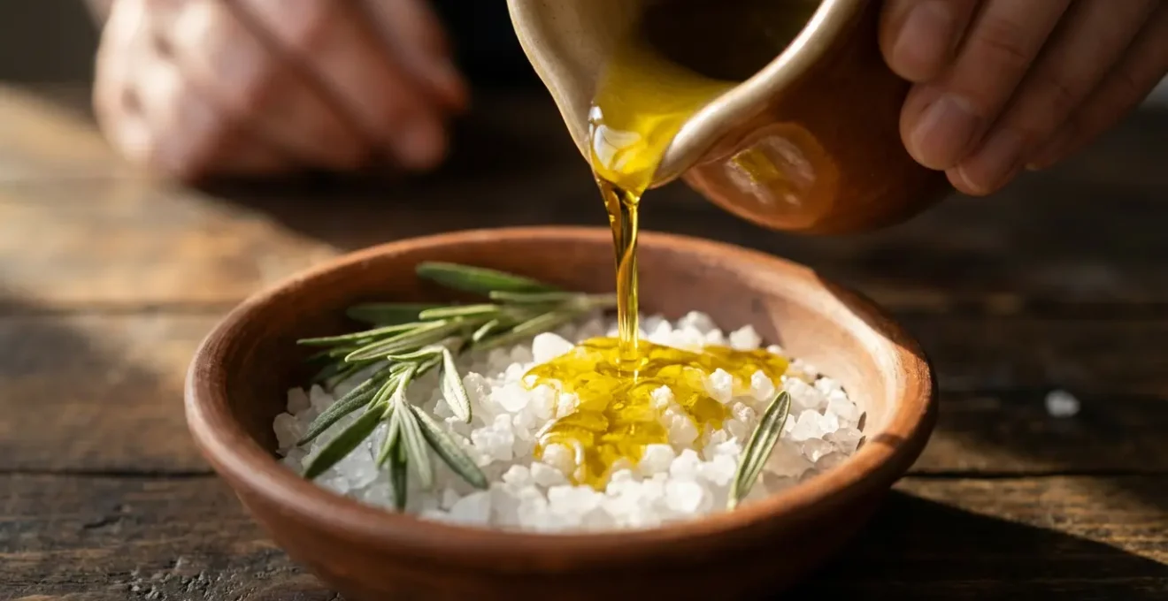 Mani che versano olio d'oliva in ciotola con sale e rosmarino per unzione rituale