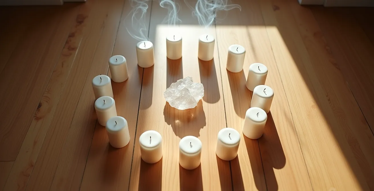 Candele disposte in cerchio con cristalli protettivi e incenso che crea spirali di fumo