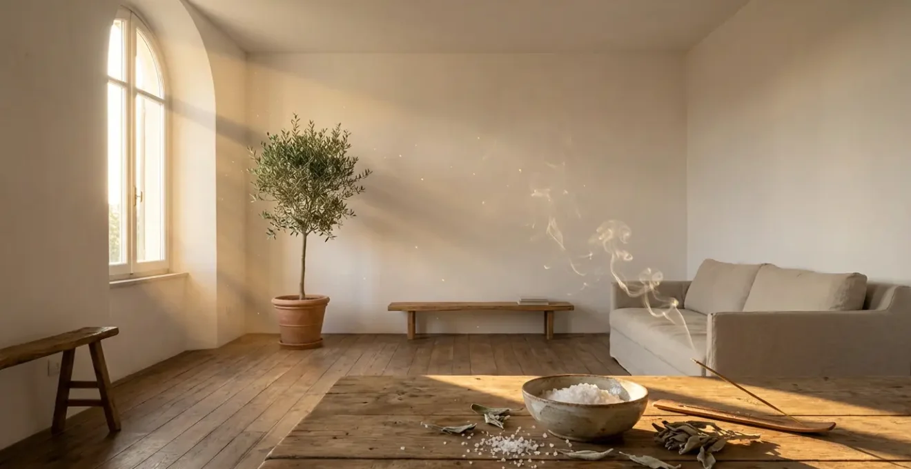 Ambiente domestico sereno con luce dorata che attraversa le finestre dopo una purificazione energetica