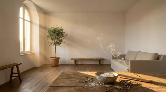 Ambiente domestico sereno con luce dorata che attraversa le finestre dopo una purificazione energetica