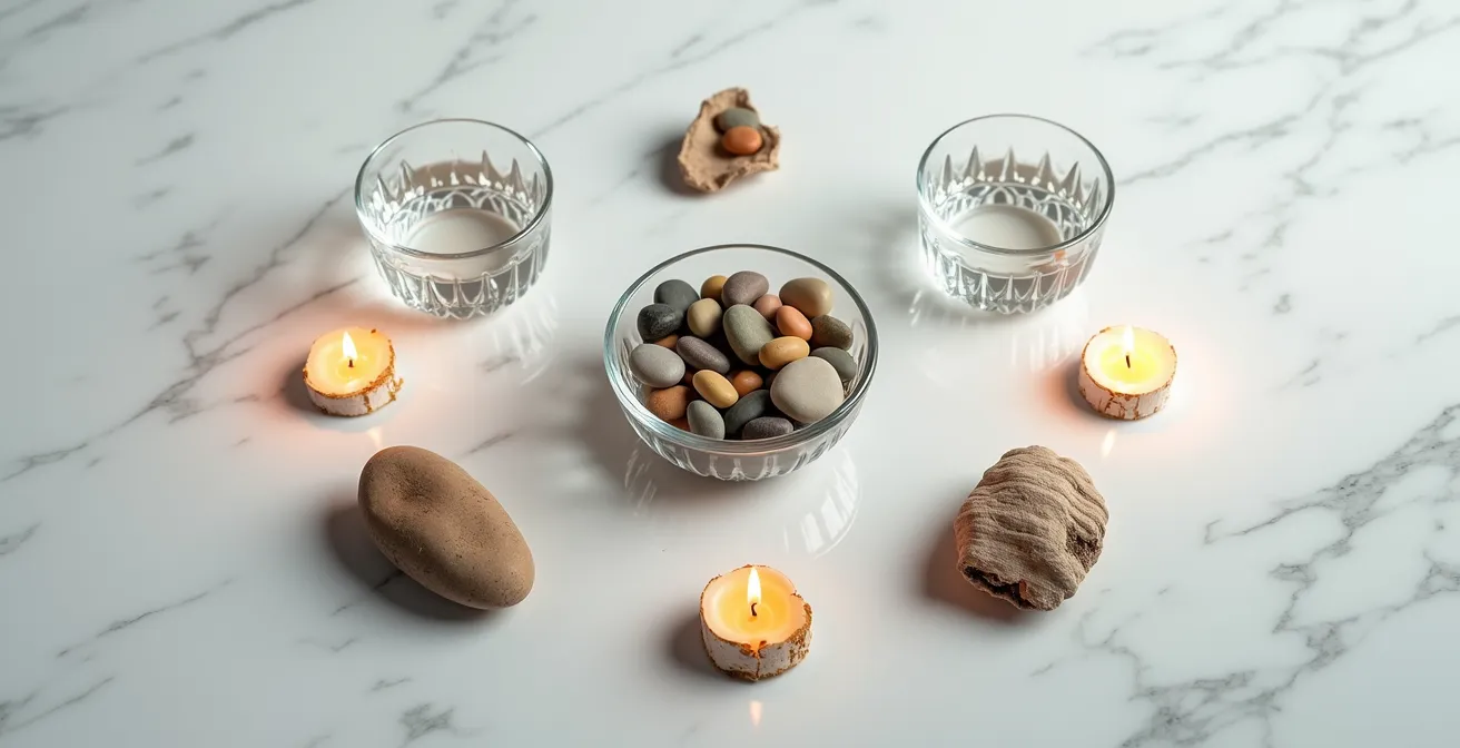 Composizione artistica con i quattro elementi naturali che circondano carte di tarocchi