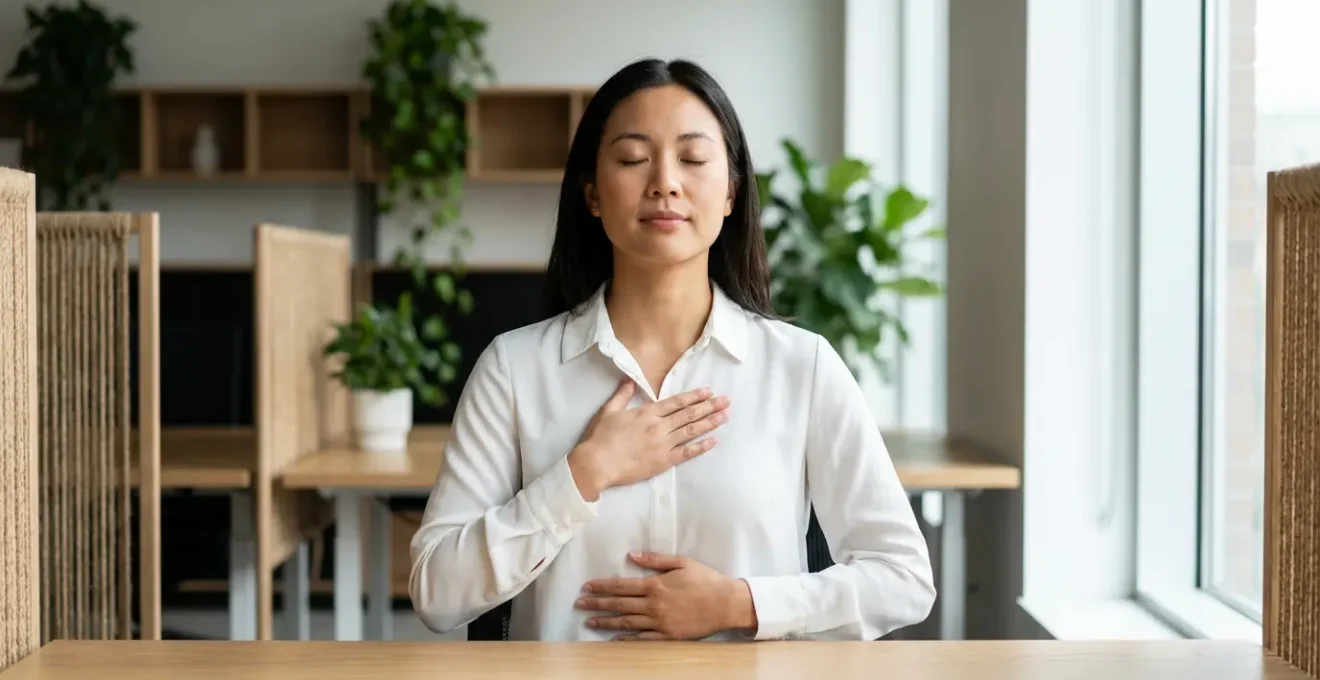 Professionista seduto alla scrivania con occhi chiusi, mani appoggiate sul diaframma, luce naturale dalla finestra