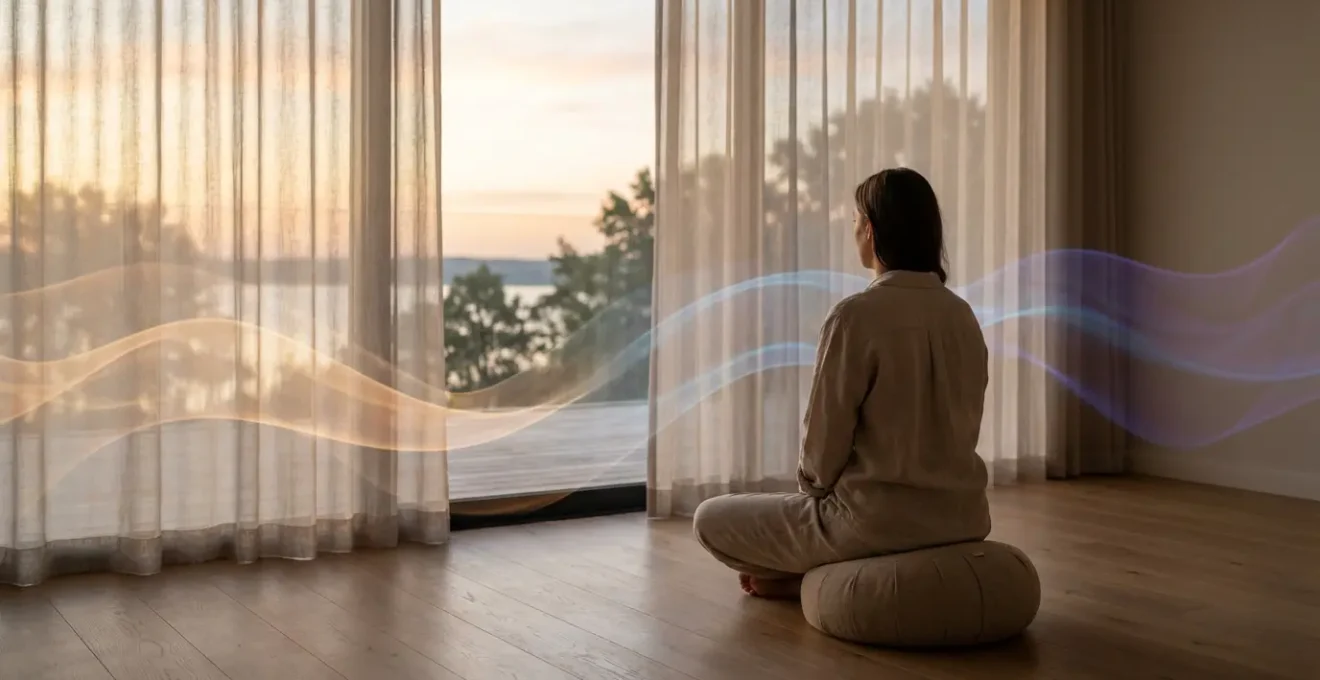 Persona in meditazione circondato da energie colorate che rappresentano diverse emozioni che fluiscono armoniosamente