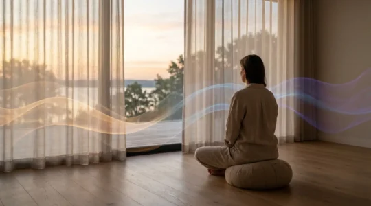 Persona in meditazione circondato da energie colorate che rappresentano diverse emozioni che fluiscono armoniosamente