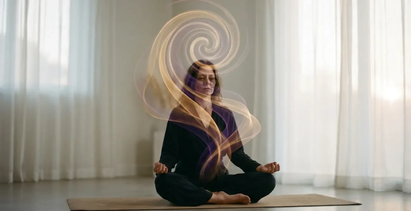 Persona in meditazione circondata da energie luminose durante il risveglio spirituale
