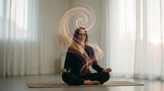 Persona in meditazione circondata da energie luminose durante il risveglio spirituale