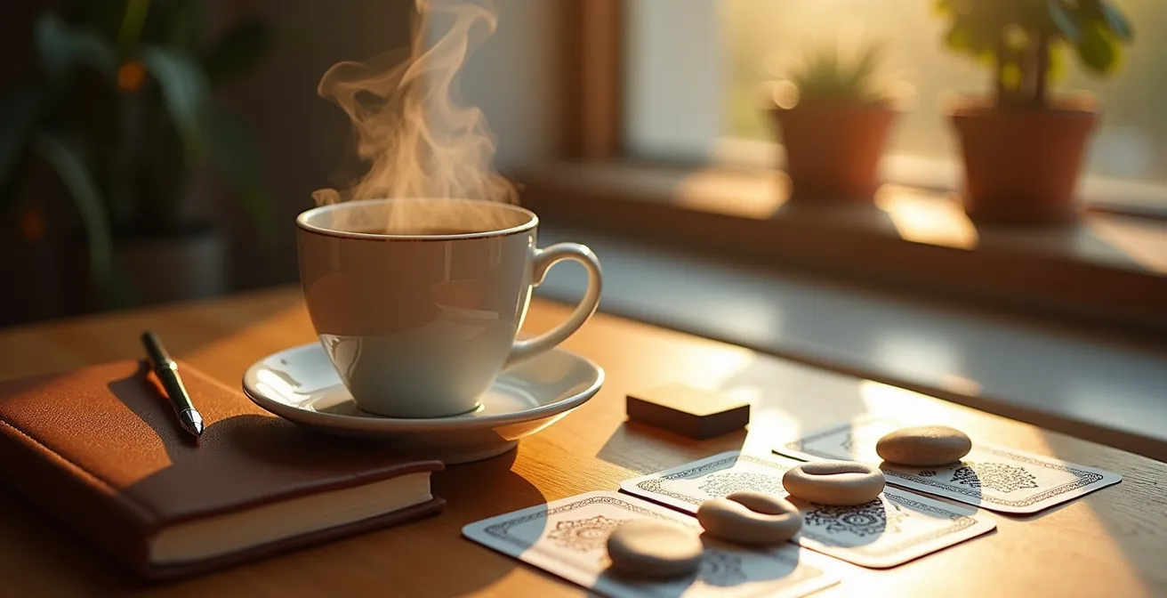 Vista dall'alto di un tavolo mattutino con tazza di caffè, carte e diario per la pratica quotidiana