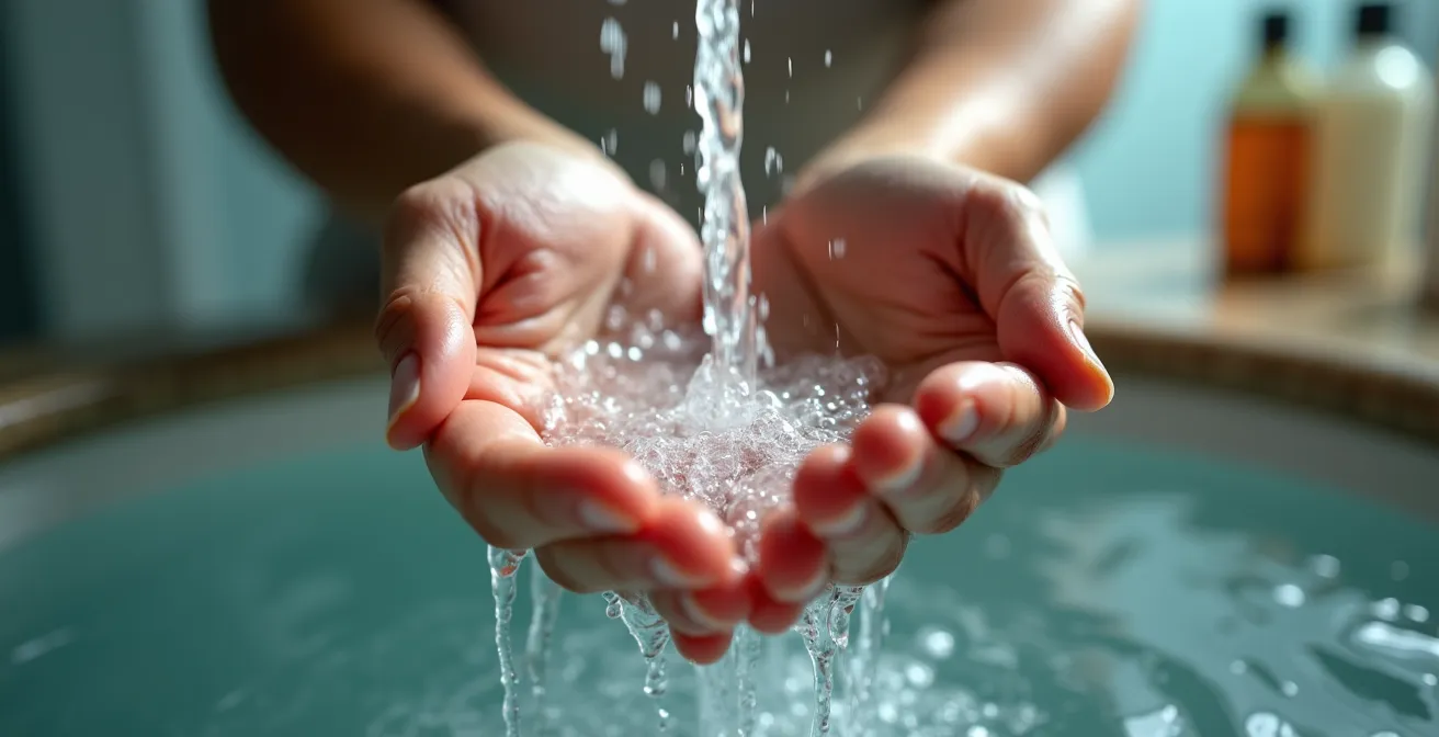 Mani sotto l'acqua corrente in un rituale di purificazione serale
