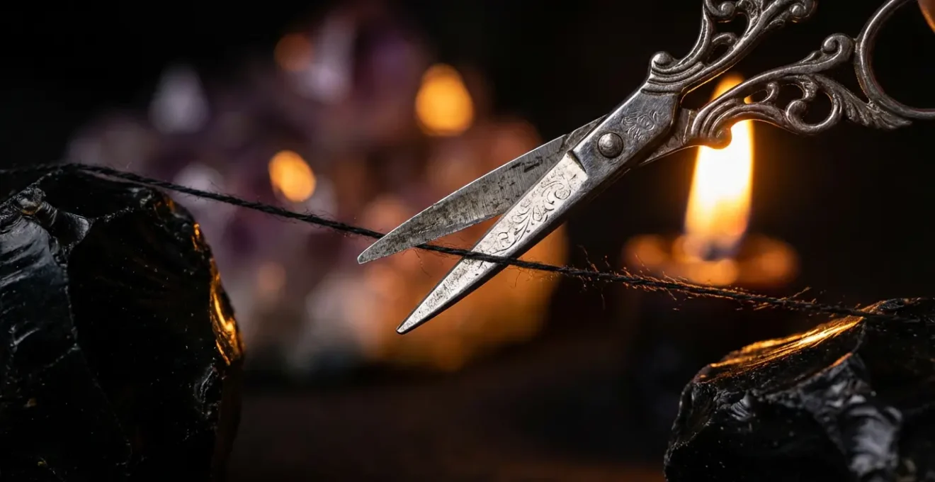 Mani che tengono forbici rituali sopra candela nera con cristalli protettivi