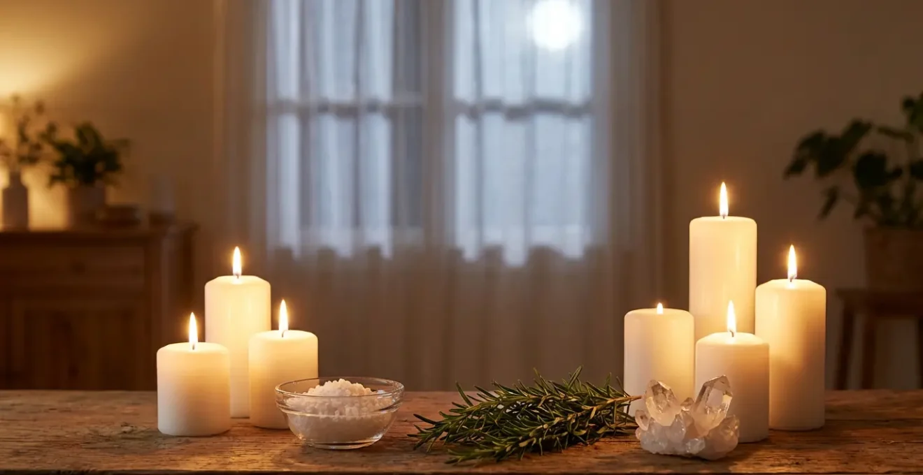 Spazio rituale domestico con candele accese, cristalli e luce lunare che filtra dalla finestra