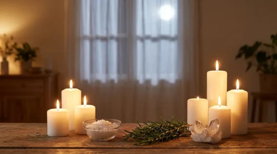 Spazio rituale domestico con candele accese, cristalli e luce lunare che filtra dalla finestra