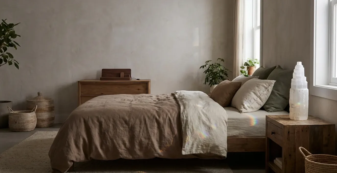 Camera da letto serena con cristalli di selenite sul comodino e atmosfera rilassante
