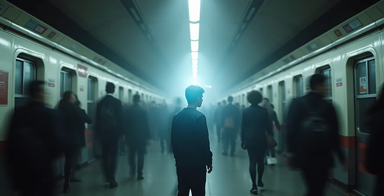 Persona circondata da una bolla di luce protettiva in un ambiente urbano affollato