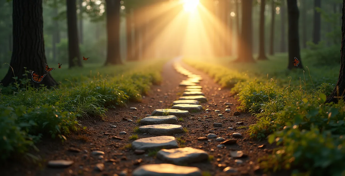 Strada che si biforca al tramonto con elementi naturali simbolici