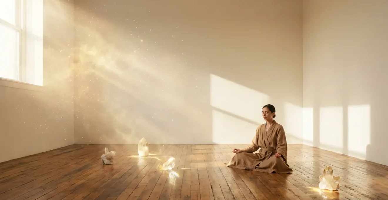 Persona in meditazione illuminata da luce cosmica dorata in uno spazio sereno