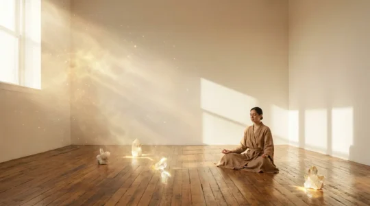 Persona in meditazione illuminata da luce cosmica dorata in uno spazio sereno