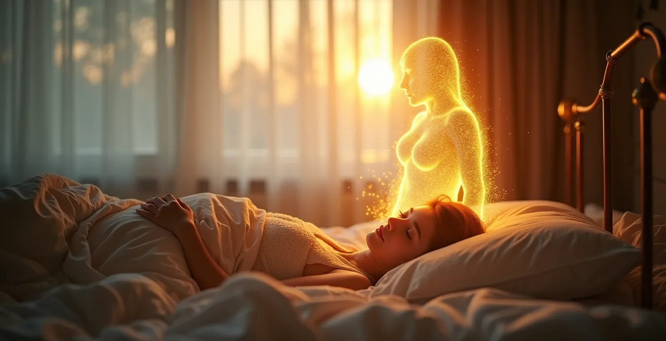 Figura luminosa eterea che appare in una stanza buia attraverso particelle di luce dorata