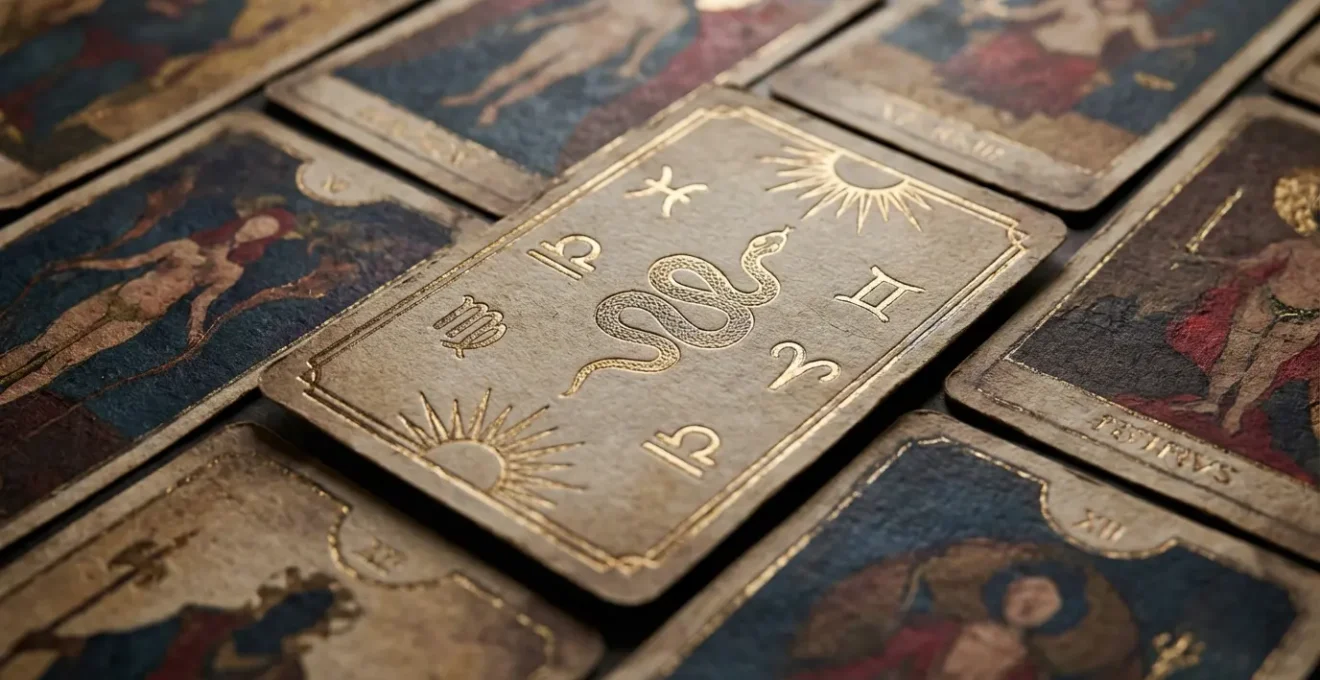 Vista macro di carte tarocchi che mostra dettagli simbolici senza testo leggibile