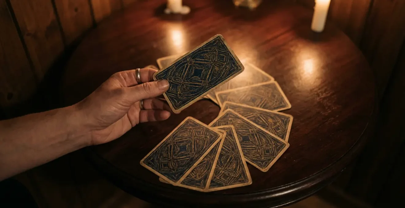 Mano che estrae una carta dei tarocchi in un ambiente meditativo per l'auto-analisi profonda