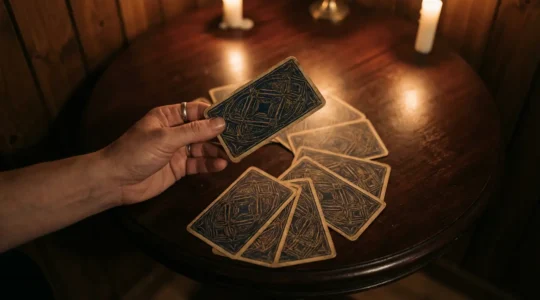 Mano che estrae una carta dei tarocchi in un ambiente meditativo per l'auto-analisi profonda