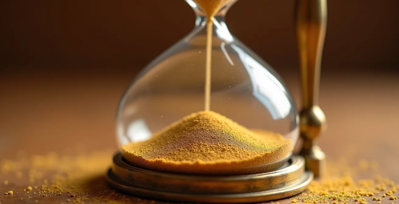 Orologio antico con sabbia che scorre nei primi cinque minuti