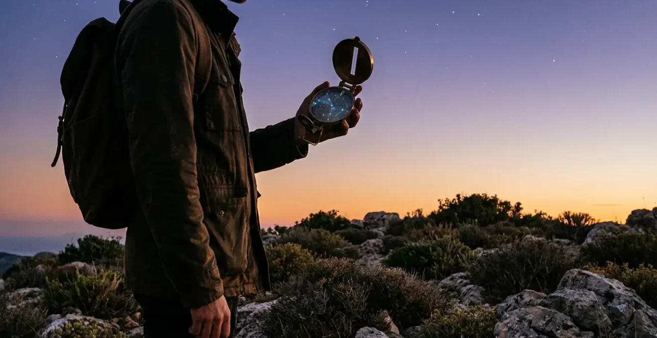 Persona che osserva le stelle con una bussola astrologica simbolica