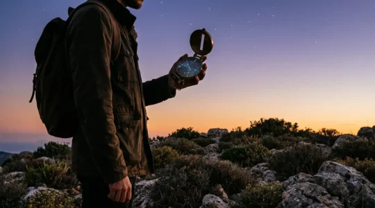 Persona che osserva le stelle con una bussola astrologica simbolica