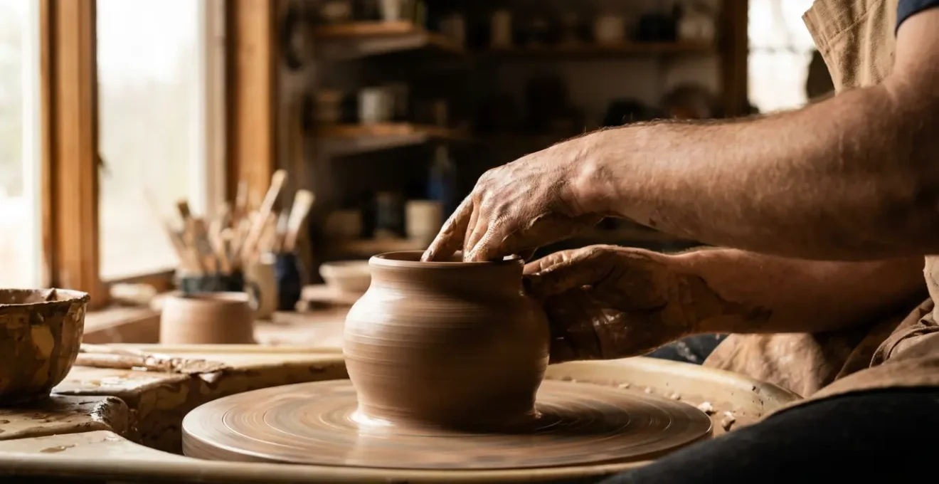 Mani che modellano argilla con energia visibile, trasformando forza grezza in forma artistica