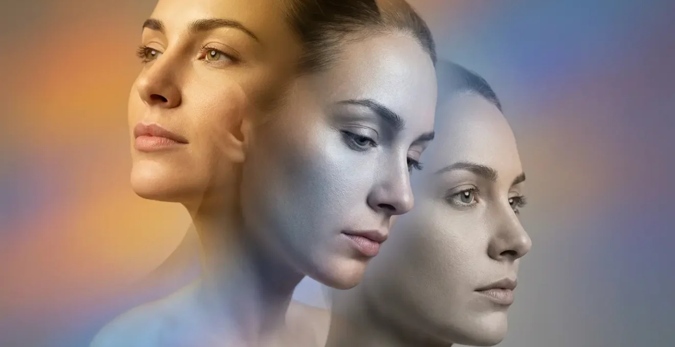 Tre profili umani sovrapposti che rappresentano i tre pilastri dell'identità astrologica