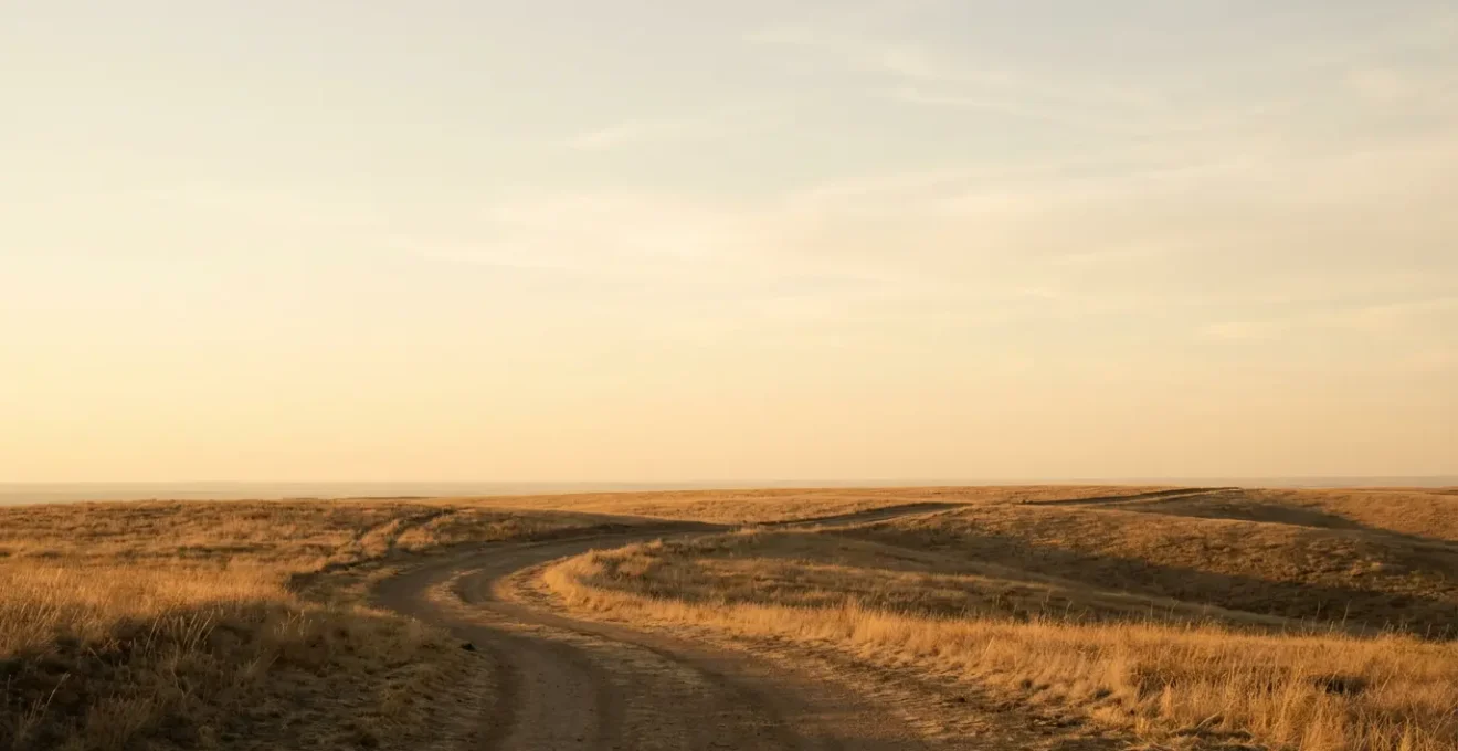 Paesaggio minimalista con sentiero che si snoda verso l'orizzonte tra colline illuminate dal tramonto