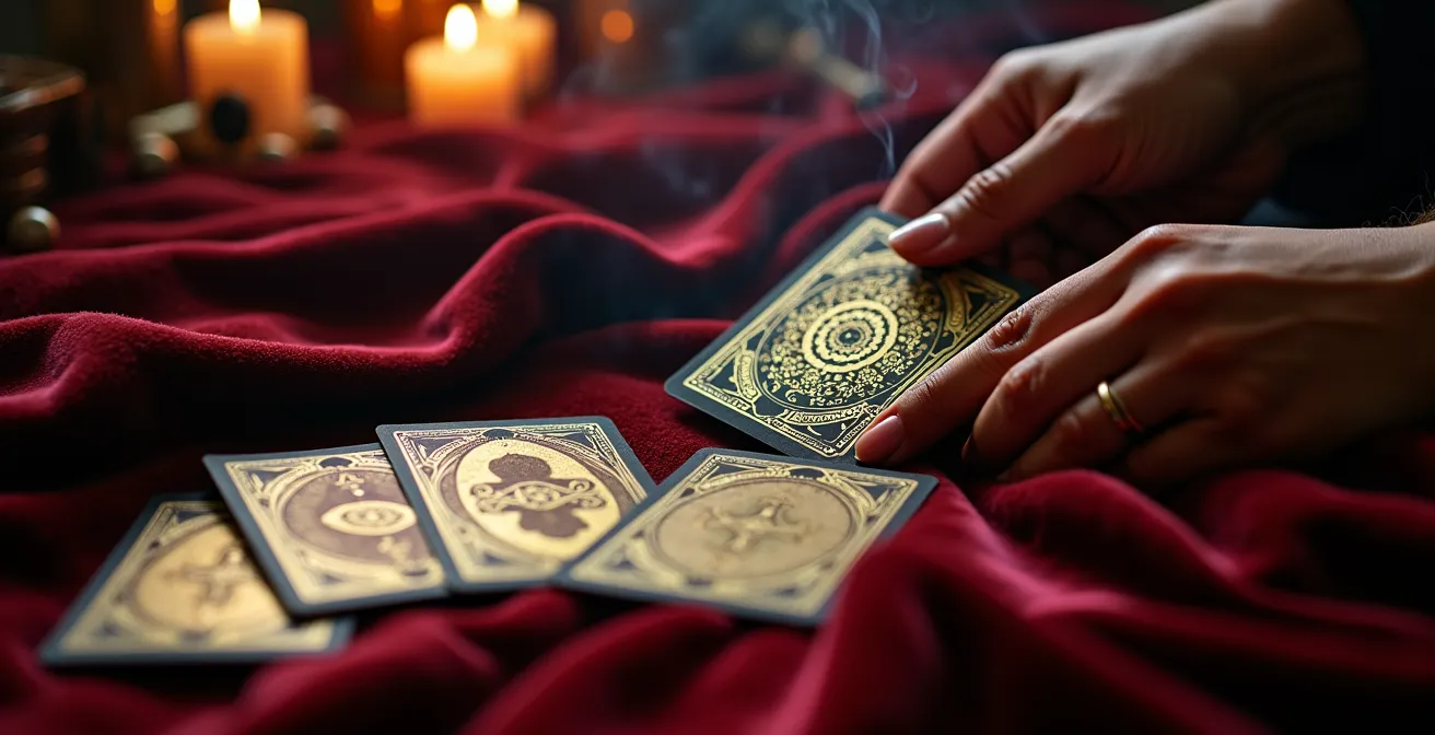 Mani che dispongono carte dei tarocchi in sequenza narrativa con luce soffusa