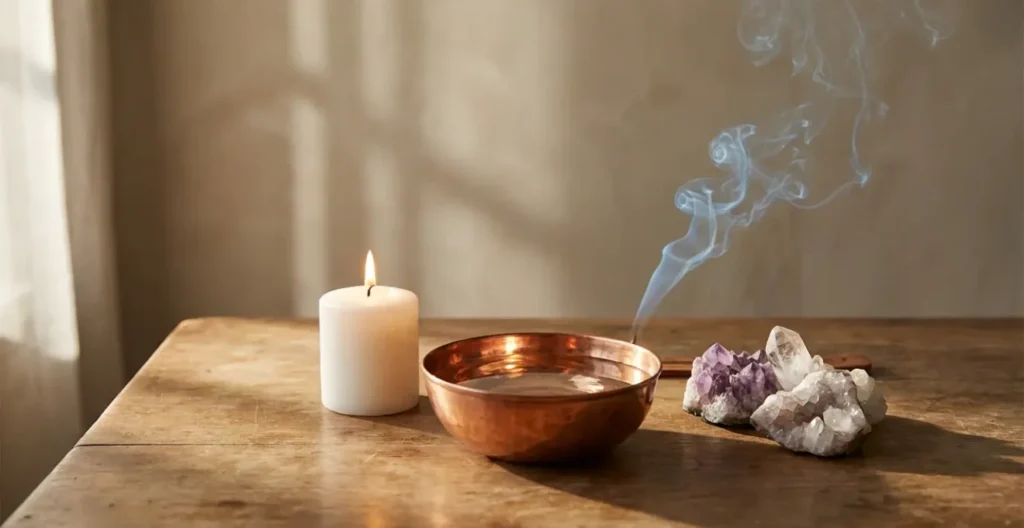 Altare personale minimalista con candela, coppa d'acqua e cristalli disposti armoniosamente Altare personale minimalista con candela, coppa d'acqua e cristalli disposti armoniosamente